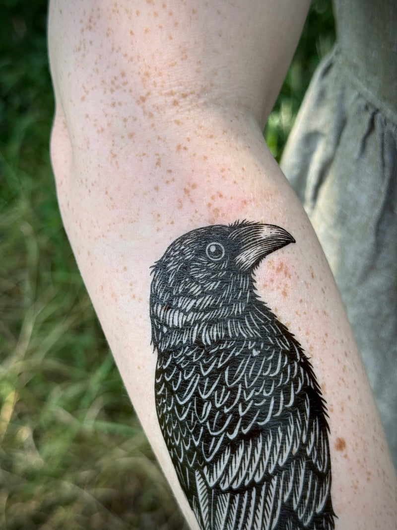 Black and white temporary tattoo of a detailed bird on a person's arm with a natural background.