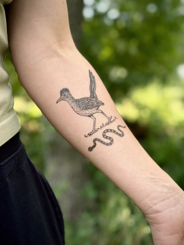 Temporary Tattoo of a roadrunner chasing a snake on a person's arm with a natural background