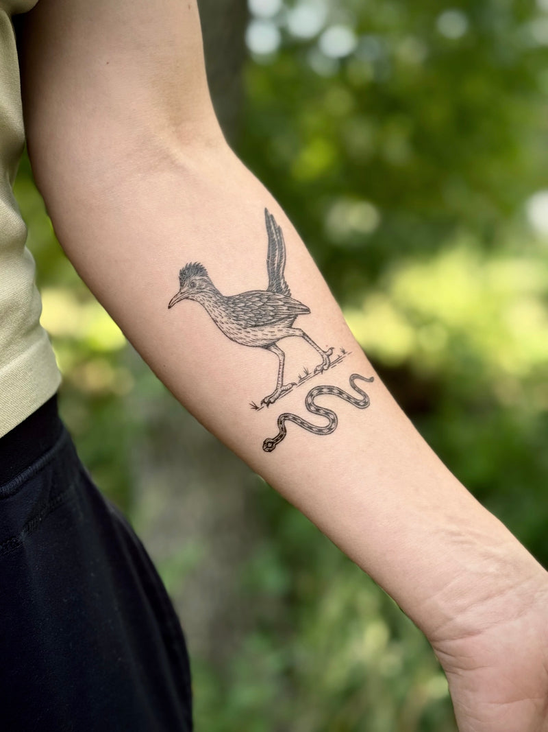 Temporary Tattoo of a roadrunner chasing a snake on a person's arm with a natural background