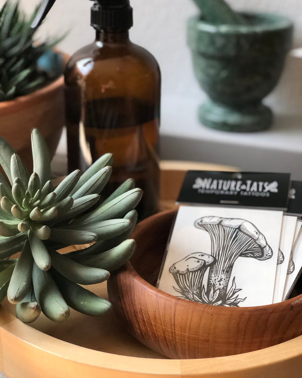 mushroom Temporary tattoo in packaging with plant and wood background 