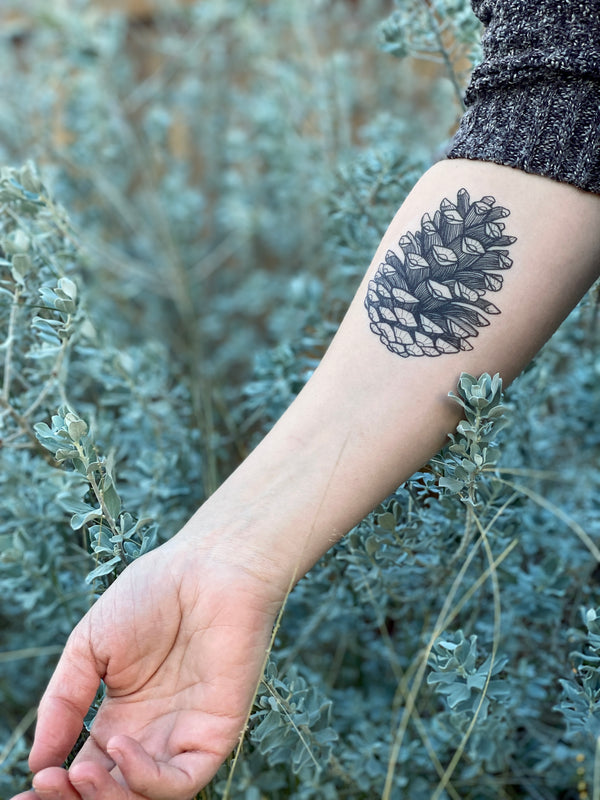 Temporary Tattoo of a pine cone on a person's arm with a natural background