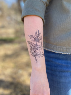 A person's forearm with a temporary tattoo of coffee plant in black ink.