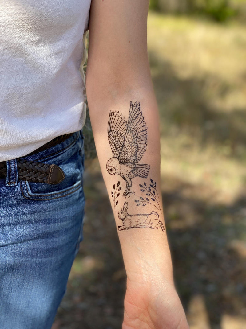 Owl & Rabbit Temporary Tattoo, Nature Tattoo, Bird Tattoo, Wildlife Art, Hand-Drawn Tattoo, Birds of Prey Art, Hare Tattoo