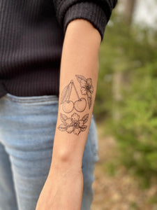 Cherry Flower Temporary Tattoo – Hand-Drawn Minimalist Fruit Tattoo with Floral & Leaves