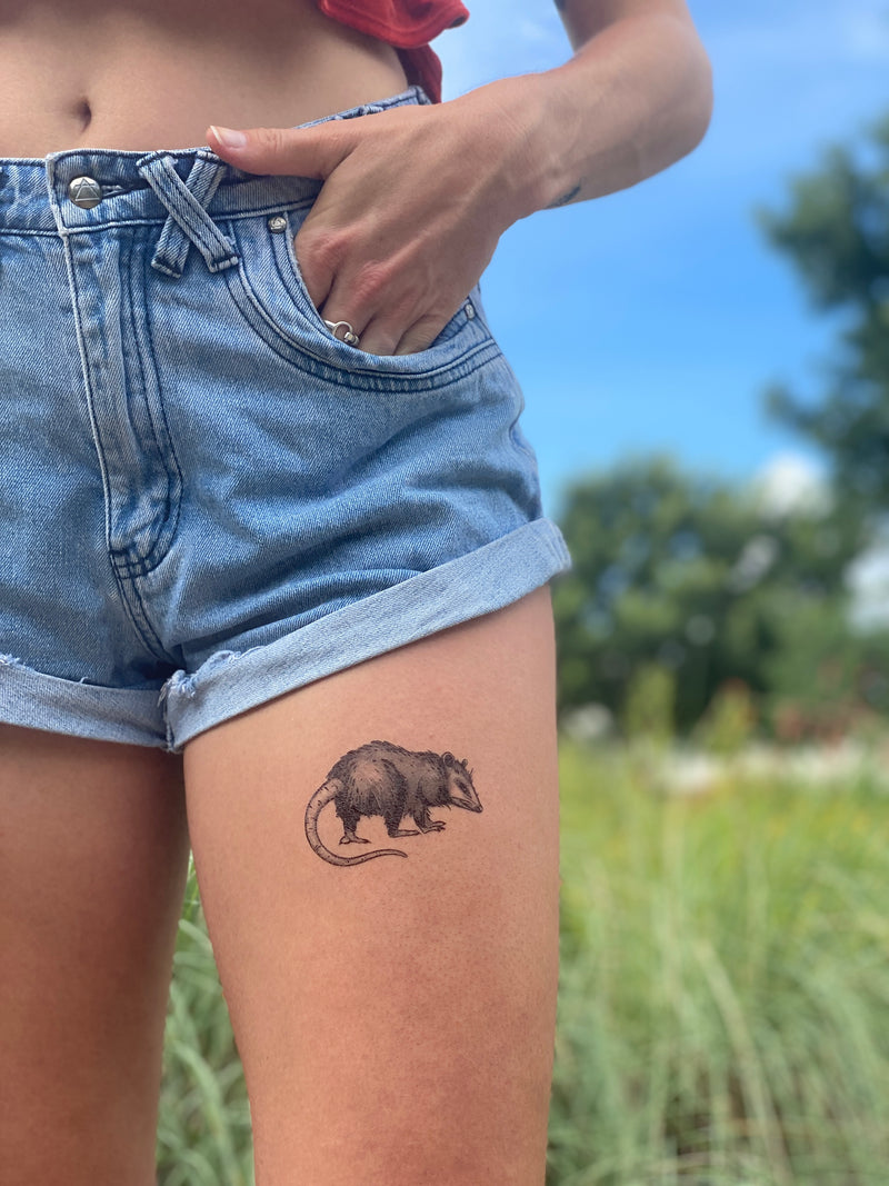 opossum temporary tattoo on persons leg wearing blue and red in a blurred green nature background 