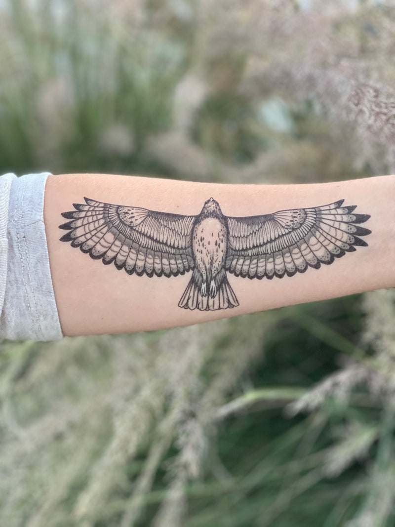 hawk temporary tattoo on persons arm wearing a grey shirt, in a blurred nature background 