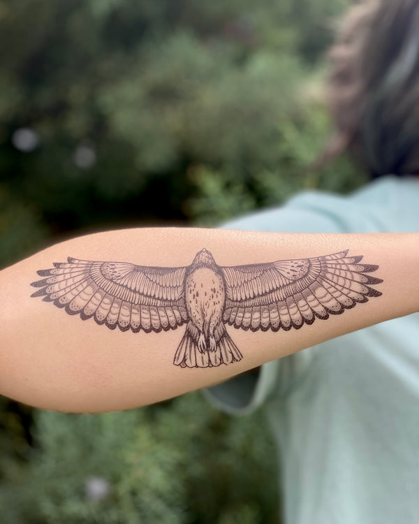 hawk temporary tattoo on the back of a persons arm wearing a grey shirt, in blurred green background 