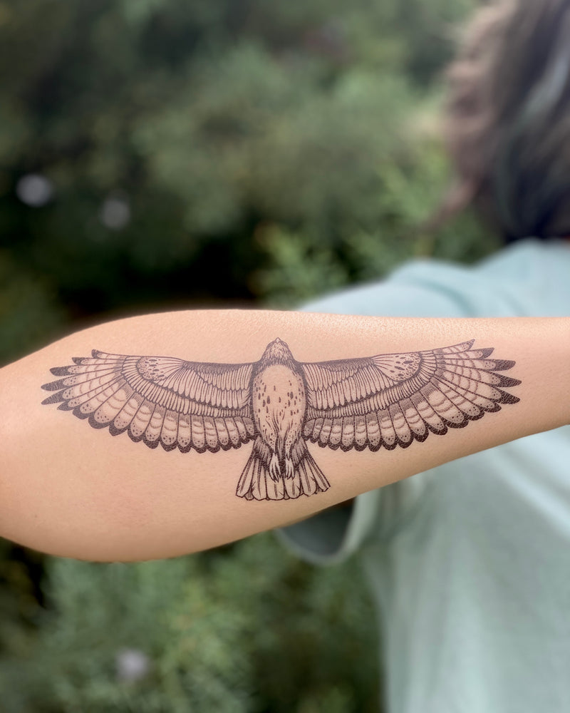 hawk temporary tattoo on the back of a persons arm wearing a grey shirt, in blurred green background 