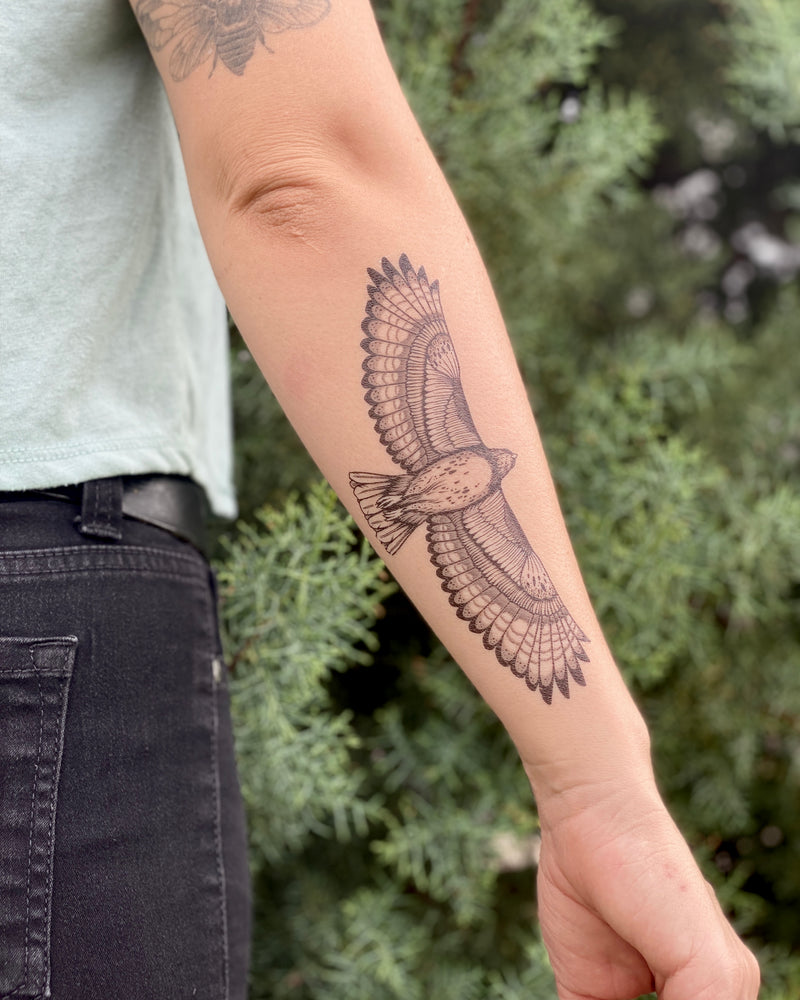 hawk temporary tattoo on the back of a persons arm wearing a grey shirt and black jeans, in a green nature background 