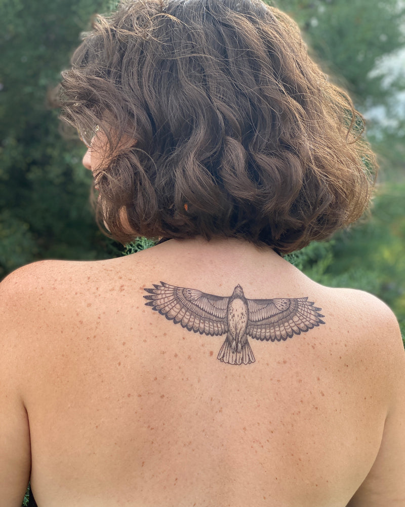 hawk temporary tattoo on persons back in a nature background 