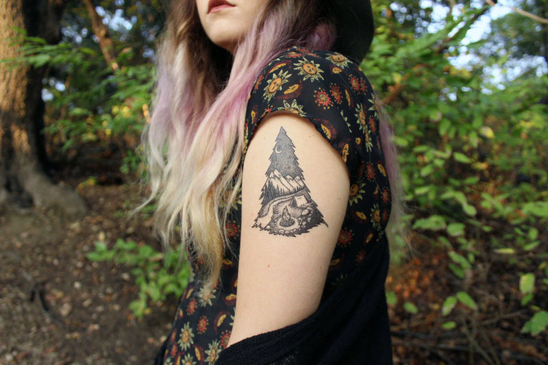 Mountain Camping, Pine Forest, Tent, Campfire, River Temporary Tattoo, Black Line, Nature Tattoo