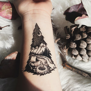 Mountain Camping, Pine Forest, Tent, Campfire, River Temporary Tattoo, Black Line, Nature Tattoo