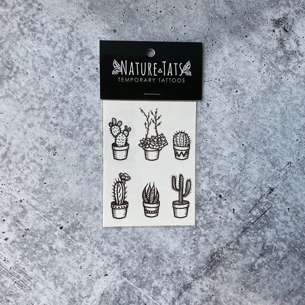 Potted Cactus Temporary Tattoos, Succulent House Plants, Black Line Drawing, Nature Tattoo