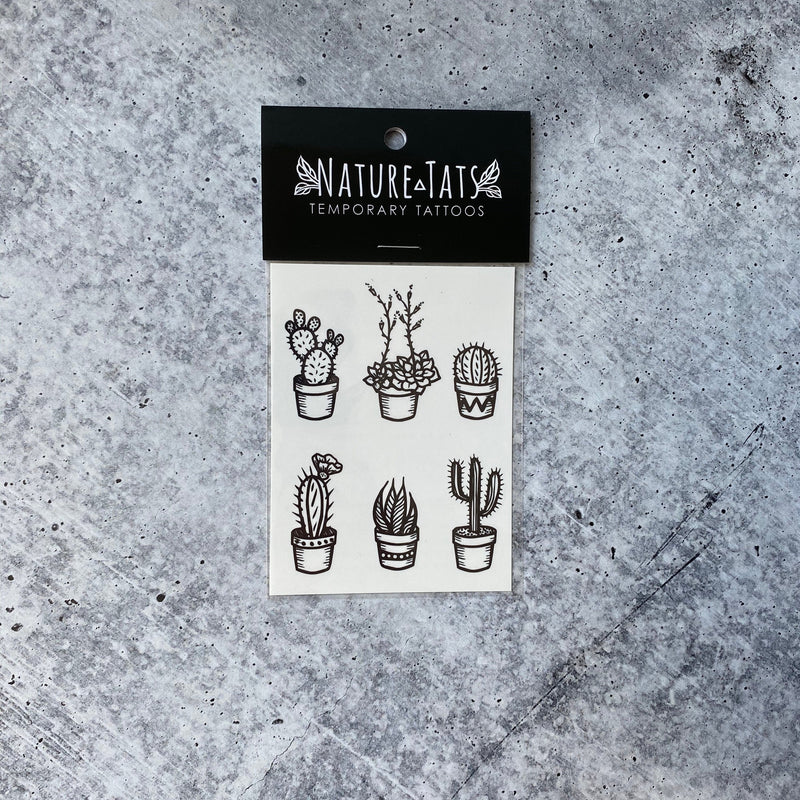 Potted Cactus Temporary Tattoos, Succulent House Plants, Black Line Drawing, Nature Tattoo