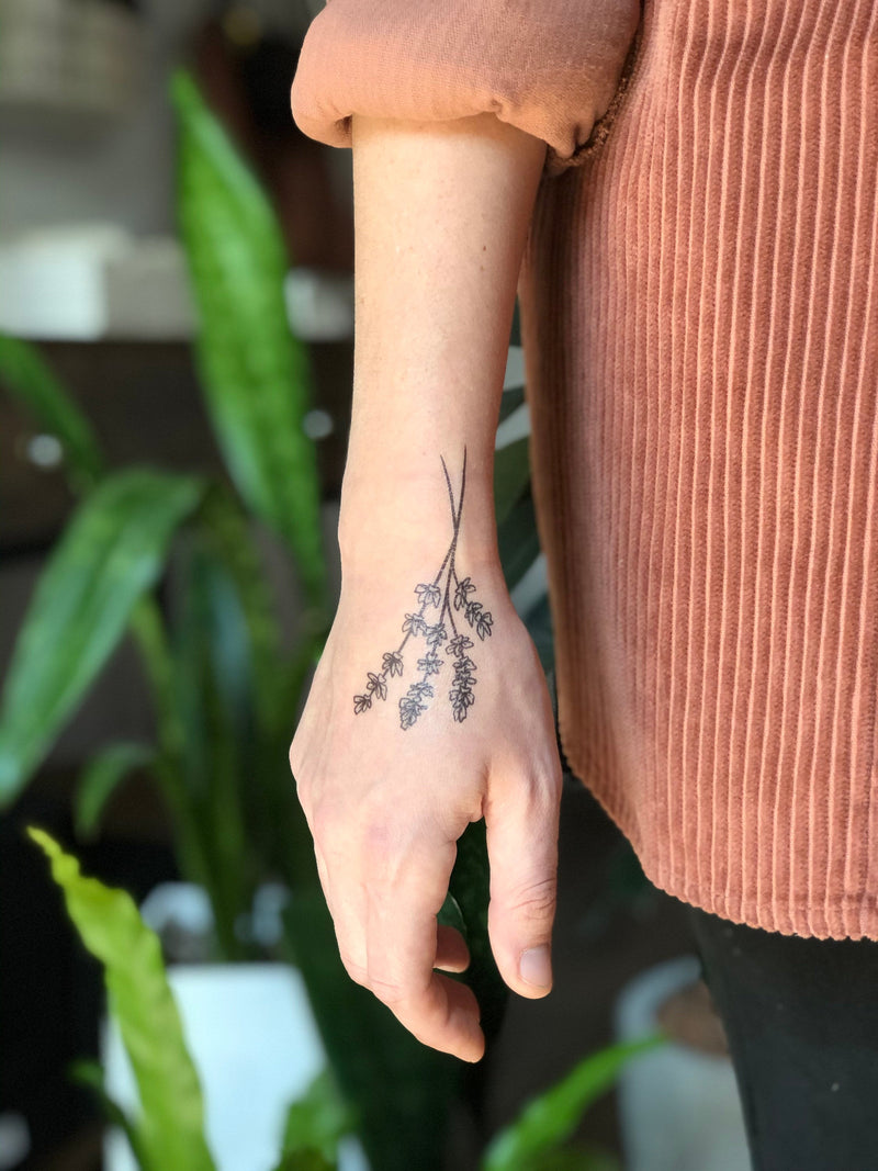 Lavender Twigs Temporary Tattoo, Collection of 2, Black Ink Tattoo Design, Botanical Drawing, Nature Tattoo