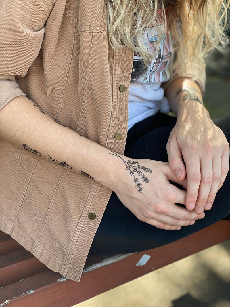 Lavender Twigs Temporary Tattoo, Collection of 2, Black Ink Tattoo Design, Botanical Drawing, Nature Tattoo