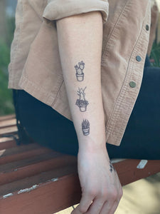 Potted Cactus Temporary Tattoos, Succulent House Plants, Black Line Drawing, Nature Tattoo