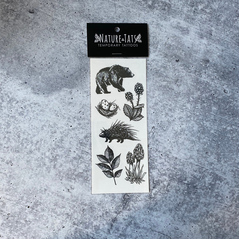 Forest Forage Temporary Tattoo Collection, Bear, Porcupine, Morel Mushroom, Birds Nest and Eggs, Wild Berries, Fake Tattoo, Realistic Tattoo