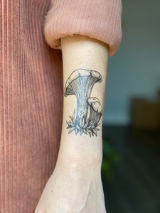 Chanterelle Mushroom Temporary Tattoo, Black Line Tattoo, Wild Mushroom Foraging Tattoo, Fungi Forager, Fungus, Nature Tattoo, Spring Tattoo