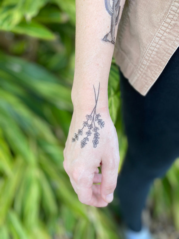 Lavender Twigs Temporary Tattoo, Collection of 2, Black Ink Tattoo Design, Botanical Drawing, Nature Tattoo