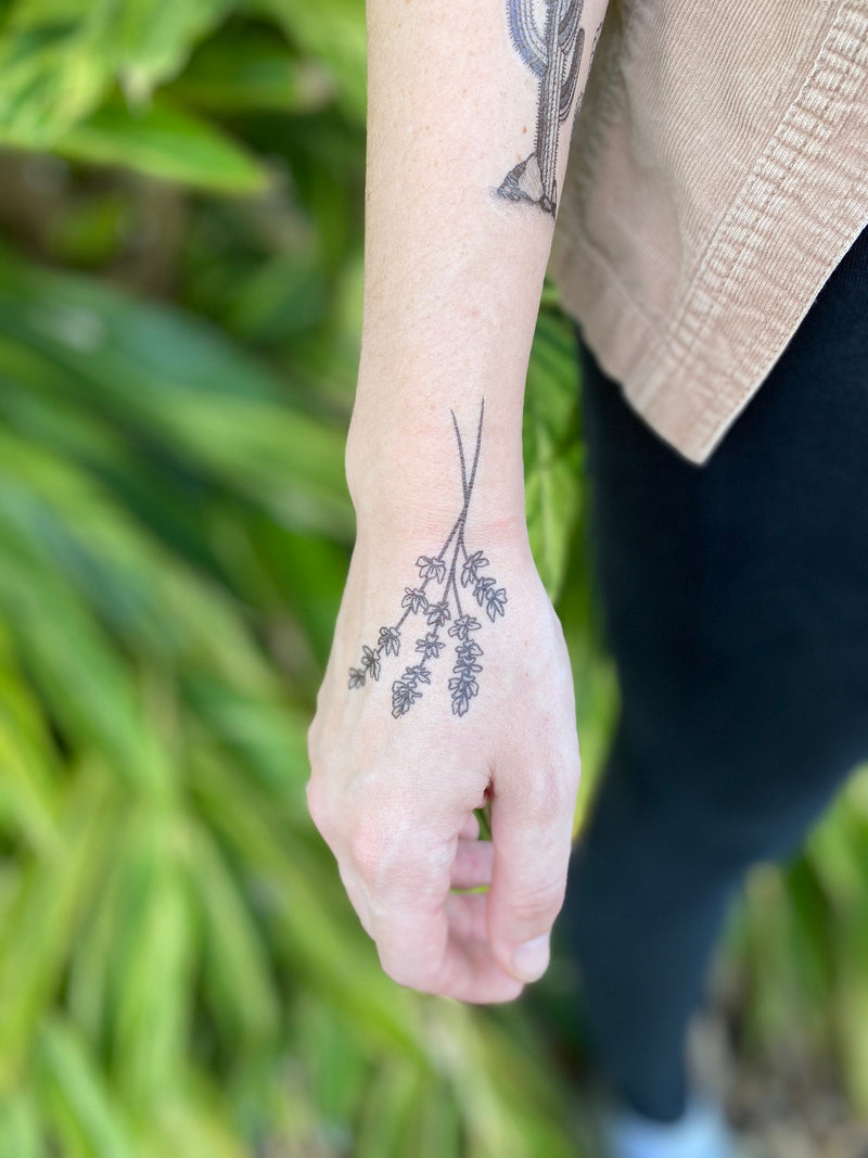 Lavender Twigs Temporary Tattoo, Collection of 2, Black Ink Tattoo Design, Botanical Drawing, Nature Tattoo