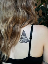 Mountain Camping, Pine Forest, Tent, Campfire, River Temporary Tattoo, Black Line, Nature Tattoo