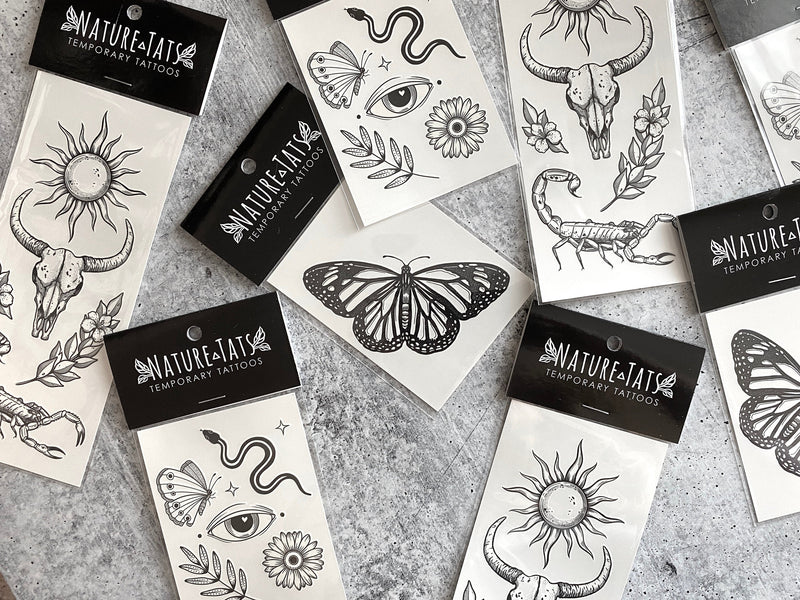 Monarch Butterfly Temporary Tattoo, Black Line Tattoo with Pops of White Ink, Winged Insect, Bug Tattoo, Symmetrical Tattoo