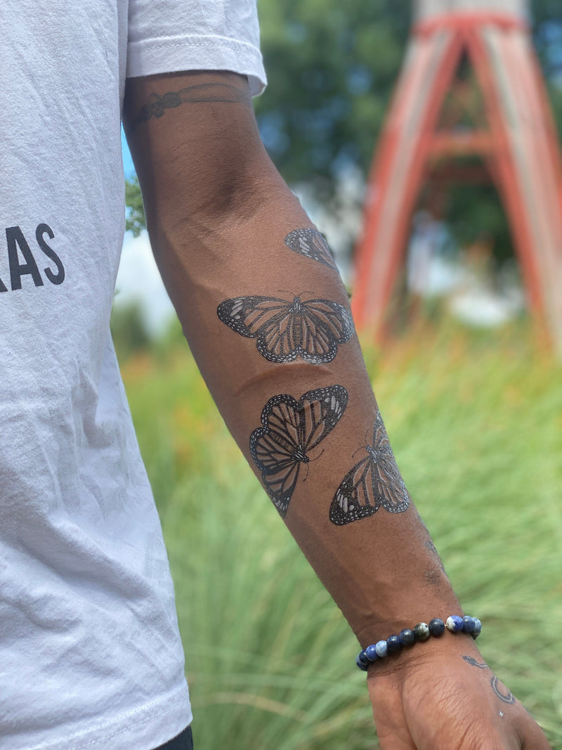 Monarch Butterfly Temporary Tattoo, Black Line Tattoo with Pops of White Ink, Winged Insect, Bug Tattoo, Symmetrical Tattoo