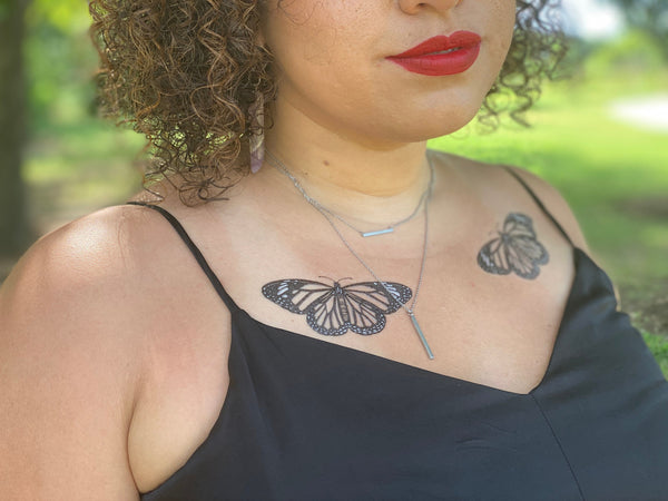 Monarch Butterfly Temporary Tattoo, Black Line Tattoo with Pops of White Ink, Winged Insect, Bug Tattoo, Symmetrical Tattoo