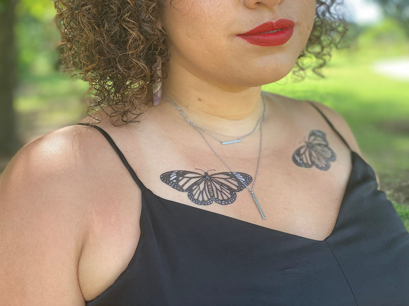Monarch Butterfly Temporary Tattoo, Black Line Tattoo with Pops of White Ink, Winged Insect, Bug Tattoo, Symmetrical Tattoo