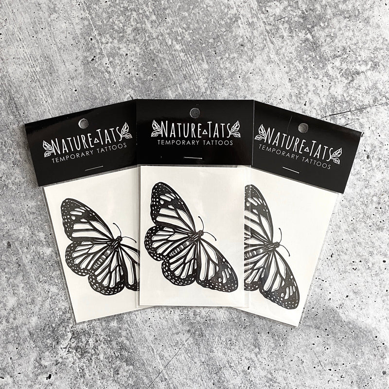 Monarch Butterfly Temporary Tattoo, Black Line Tattoo with Pops of White Ink, Winged Insect, Bug Tattoo, Symmetrical Tattoo