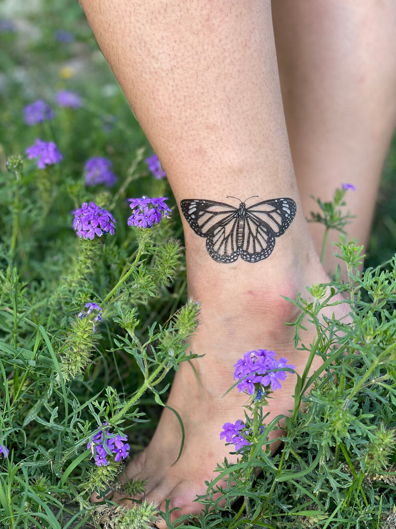 Monarch Butterfly Temporary Tattoo, Black Line Tattoo with Pops of White Ink, Winged Insect, Bug Tattoo, Symmetrical Tattoo