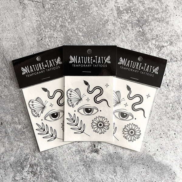Earthly Visions Temporary Tattoos, Butterfly, Snake, Eye, Daisy, Leaf, Sparkles, Black Ink with Pops of White, Nature Tattoo Sheet
