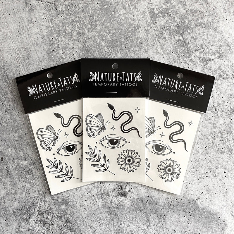 Earthly Visions Temporary Tattoos, Butterfly, Snake, Eye, Daisy, Leaf, Sparkles, Black Ink with Pops of White, Nature Tattoo Sheet