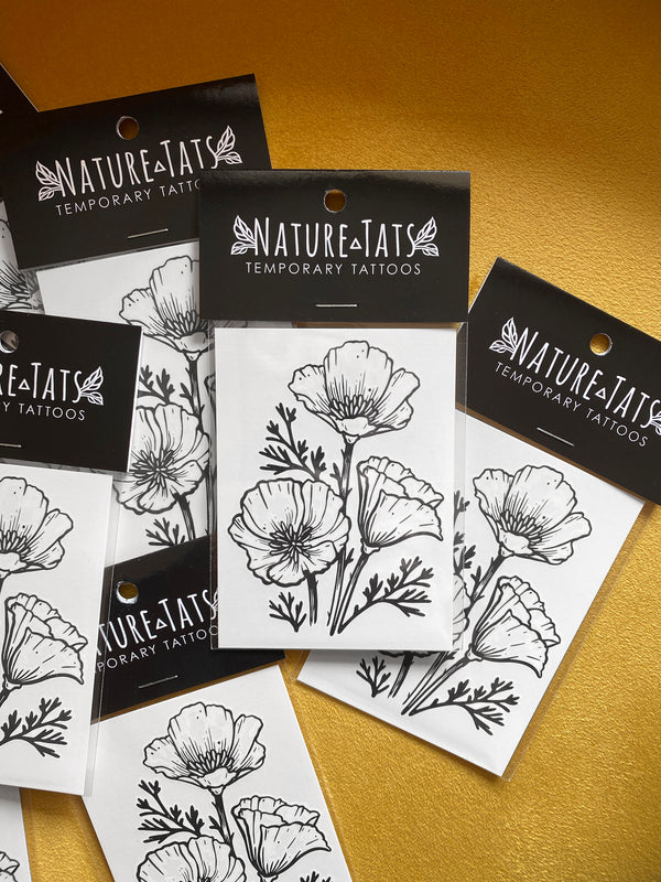 Poppy Flower Temporary Tattoo, Golden Poppy, Black Ink Tattoo Design, Floral Tattoo, Wild Flower, California Poppy,  Nature Tattoo