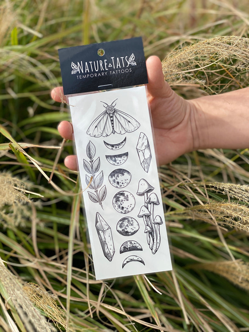 Moon Magic Temporary Tattoo Sheet, Moon Phases Tattoo, Fluffy Moth, Wild Mushrooms, Crystal Stones, Tattoo Collection, Stocking Stuffer