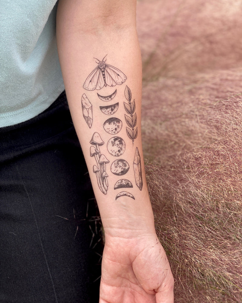 Moon Magic Temporary Tattoo Sheet, Moon Phases Tattoo, Fluffy Moth, Wild Mushrooms, Crystal Stones, Tattoo Collection, Stocking Stuffer