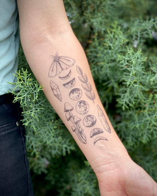 Moon Magic Temporary Tattoo Sheet, Moon Phases Tattoo, Fluffy Moth, Wild Mushrooms, Crystal Stones, Tattoo Collection, Stocking Stuffer