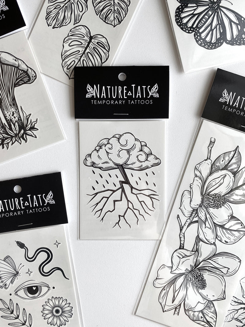 Storm Cloud Temporary Tattoo, Black Line Tattoo, Rain Cloud and Lightning, Nature Gift, Stocking Stuffer