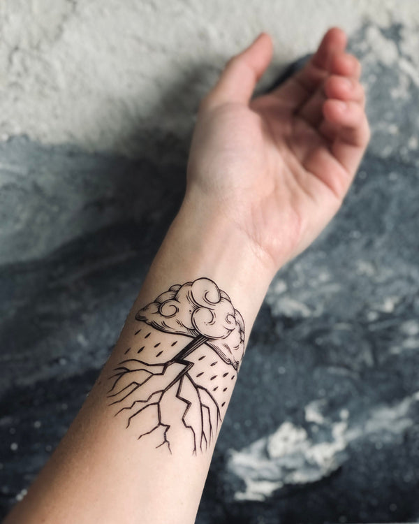 Storm Cloud Temporary Tattoo, Black Line Tattoo, Rain Cloud and Lightning, Nature Gift, Stocking Stuffer