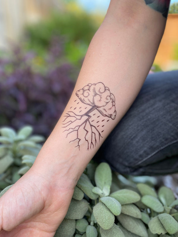 Storm Cloud Temporary Tattoo, Black Line Tattoo, Rain Cloud and Lightning, Nature Gift, Stocking Stuffer