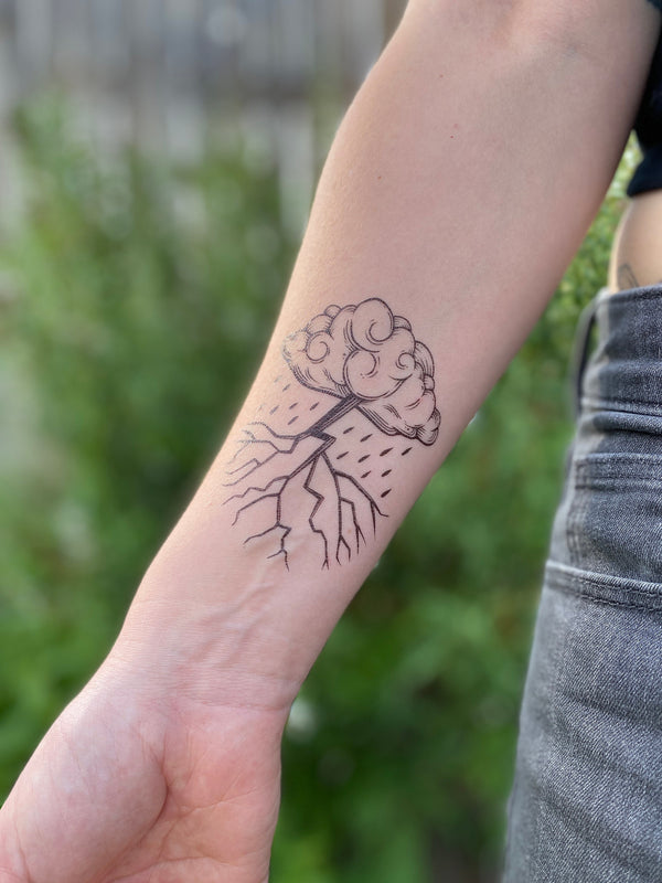 Storm Cloud Temporary Tattoo, Black Line Tattoo, Rain Cloud and Lightning, Nature Gift, Stocking Stuffer