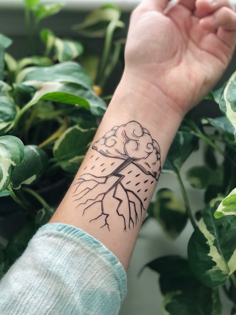 Storm Cloud Temporary Tattoo, Black Line Tattoo, Rain Cloud and Lightning, Nature Gift, Stocking Stuffer