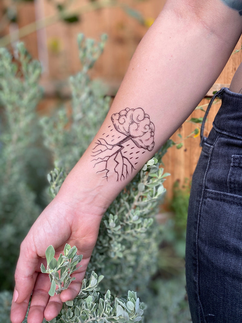 Storm Cloud Temporary Tattoo, Black Line Tattoo, Rain Cloud and Lightning, Nature Gift, Stocking Stuffer
