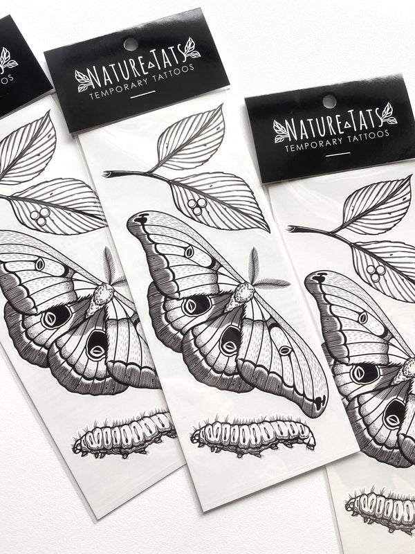 Polyphemus Moth Temporary Tattoo, Lifecycle Design, Nature Lover Gift, Stocking Stuffers & Party Favors