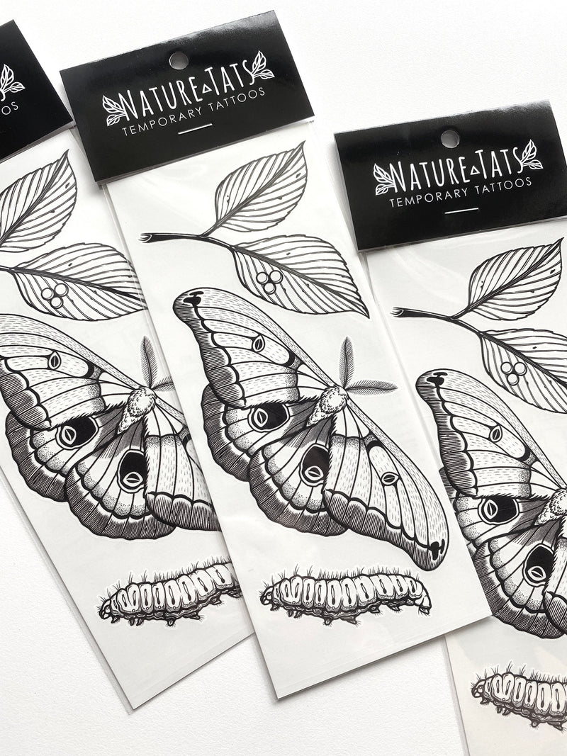 Polyphemus Moth Temporary Tattoo, Lifecycle Design, Nature Lover Gift, Stocking Stuffers & Party Favors