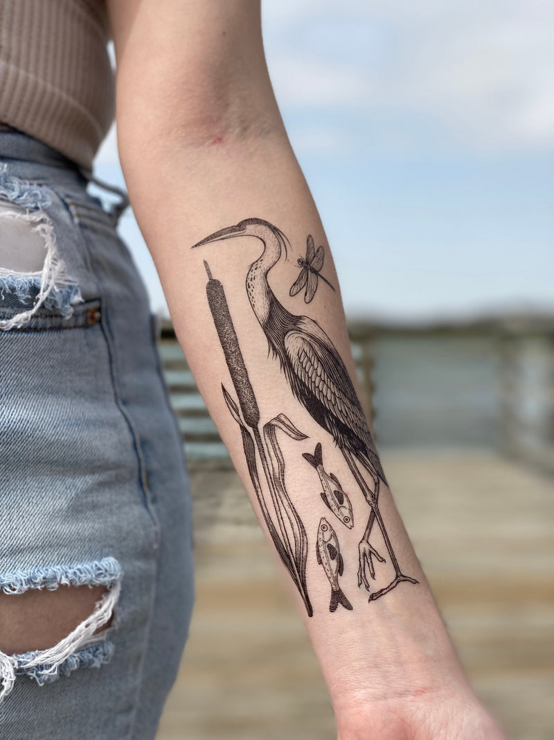 Lake Life Temporary Tattoo Collection, Heron Bird, Crane Tattoo, Dragonfly, Cattail, Fish, Coastal Tattoo, Nature Gift