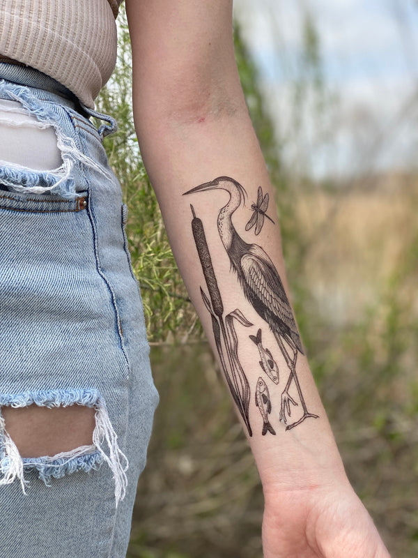 Lake Life Temporary Tattoo Collection, Heron Bird, Crane Tattoo, Dragonfly, Cattail, Fish, Coastal Tattoo, Nature Gift