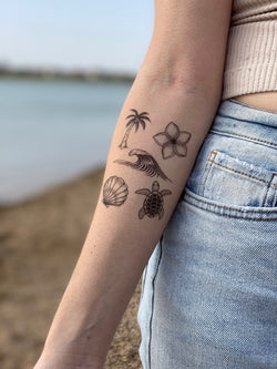 Beach Life Temporary Tattoos, Ocean Wave, Sea Turtle, Plumeria, Palm Tree, Shell, Nature Tattoo Sheet Gift