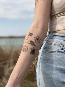 Beach Life Temporary Tattoos, Ocean Wave, Sea Turtle, Plumeria, Palm Tree, Shell, Nature Tattoo Sheet Gift